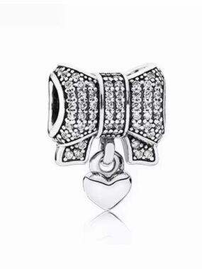 Pandora Silver Bow Charm with Heart Dangle and Pavé Crystals